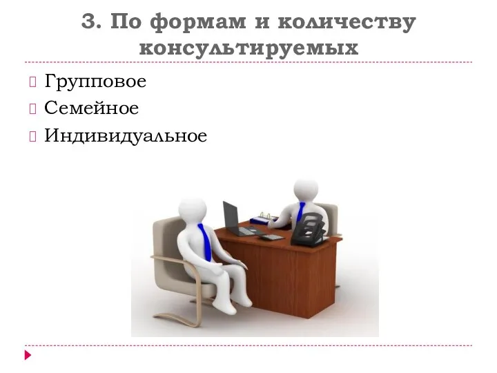 3. По формам и количеству консультируемых Групповое Семейное Индивидуальное