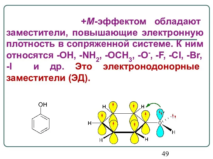 +М-эффектом обладают заместители, повышающие электронную плотность в сопряженной системе. К