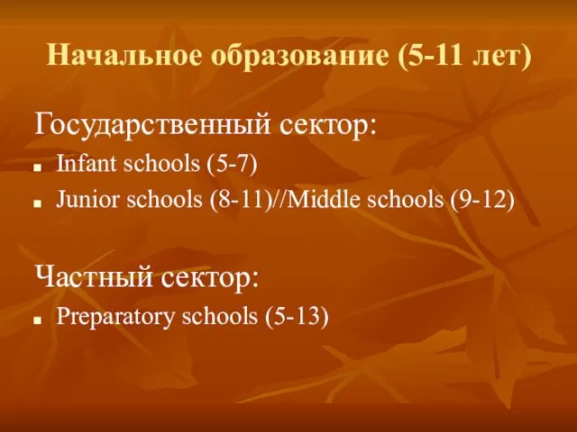 Начальное образование (5-11 лет) Государственный сектор: Infant schools (5-7) Junior