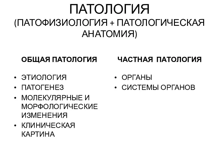 ПАТОЛОГИЯ (ПАТОФИЗИОЛОГИЯ + ПАТОЛОГИЧЕСКАЯ АНАТОМИЯ) ОБЩАЯ ПАТОЛОГИЯ ЭТИОЛОГИЯ ПАТОГЕНЕЗ МОЛЕКУЛЯРНЫЕ