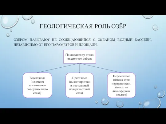 ГЕОЛОГИЧЕСКАЯ РОЛЬ ОЗЁР ОЗЕРОМ НАЗЫВАЮТ НЕ СООБЩАЮЩИЙСЯ С ОКЕАНОМ ВОДНЫЙ