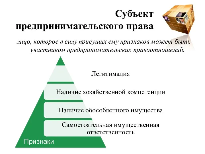 Субъект предпринимательского права лицо, которое в силу присущих ему признаков может быть участником предпринимательских правоотношений. Признаки