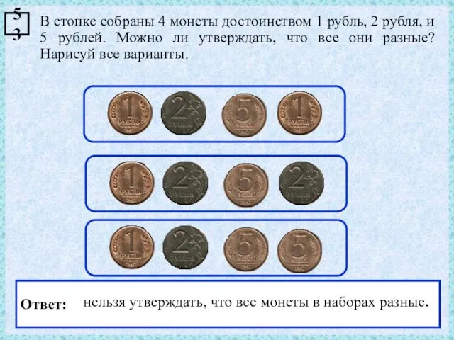В стопке собраны 4 монеты достоинством 1 рубль, 2 рубля,