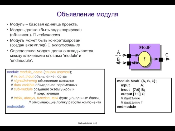 Verilog tutorial ( ) Объявление модуля Модуль – базовая единица