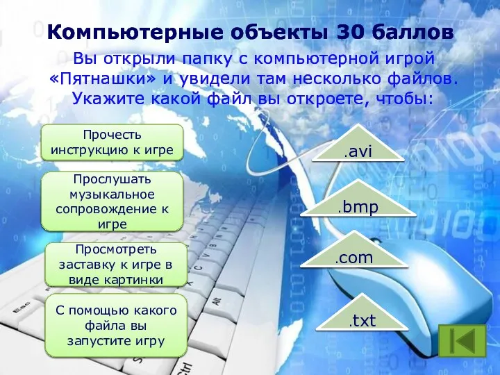 Компьютерные объекты 30 баллов Вы открыли папку с компьютерной игрой