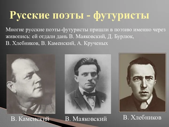 Русские поэты - футуристы Многие русские поэты-футуристы пришли в поэзию именно через живопись: