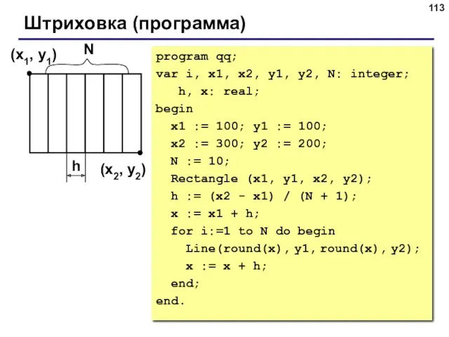 Штриховка (программа) (x1, y1) (x2, y2) h program qq; var i, x1, x2,