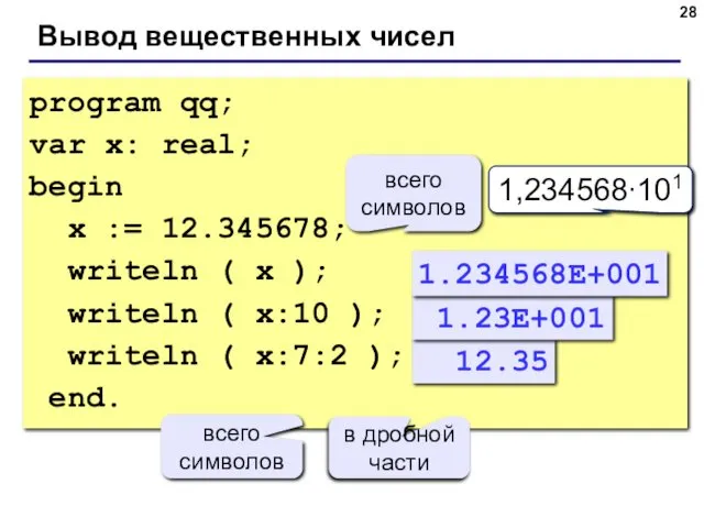 Вывод вещественных чисел program qq; var x: real; begin x := 12.345678; writeln