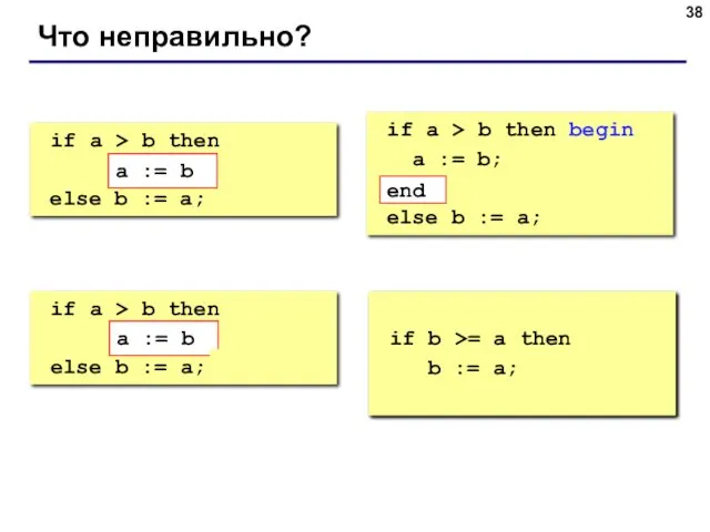 Что неправильно? if a > b then begin a := b; else b