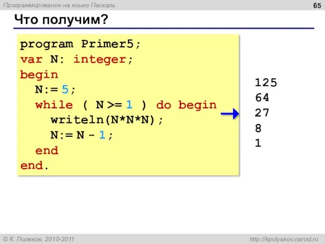 program Primer5; var N: integer; begin N:= 5; while (