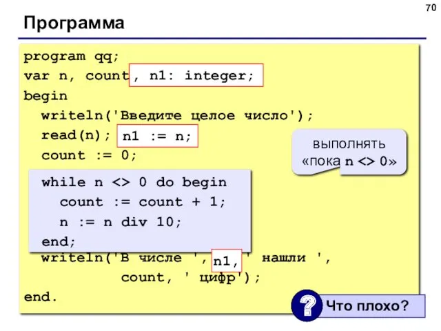 Программа program qq; var n, count: integer; begin writeln('Введите целое число'); read(n); count