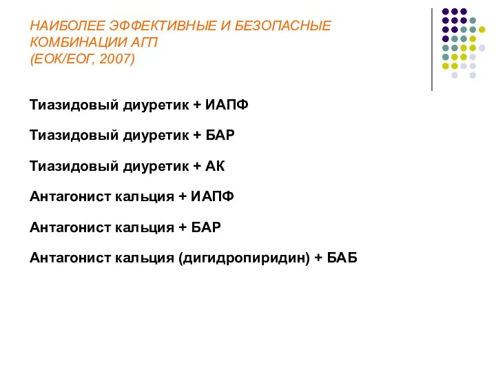 НАИБОЛЕЕ ЭФФЕКТИВНЫЕ И БЕЗОПАСНЫЕ КОМБИНАЦИИ АГП (ЕОК/ЕОГ, 2007) Тиазидовый диуретик