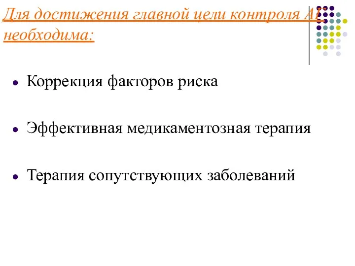 Для достижения главной цели контроля АГ необходима: Коррекция факторов риска Эффективная медикаментозная терапия Терапия сопутствующих заболеваний