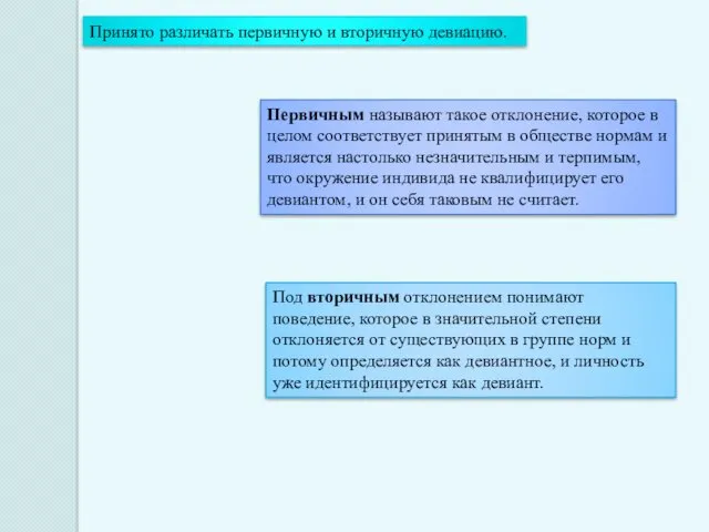 Принято различать первичную и вторичную девиацию. Первичным называют такое отклонение,