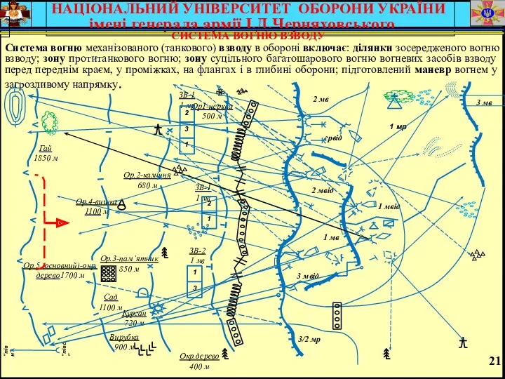 Система вогню механізованого (танкового) взводу в обороні включає: ділянки зосередженого