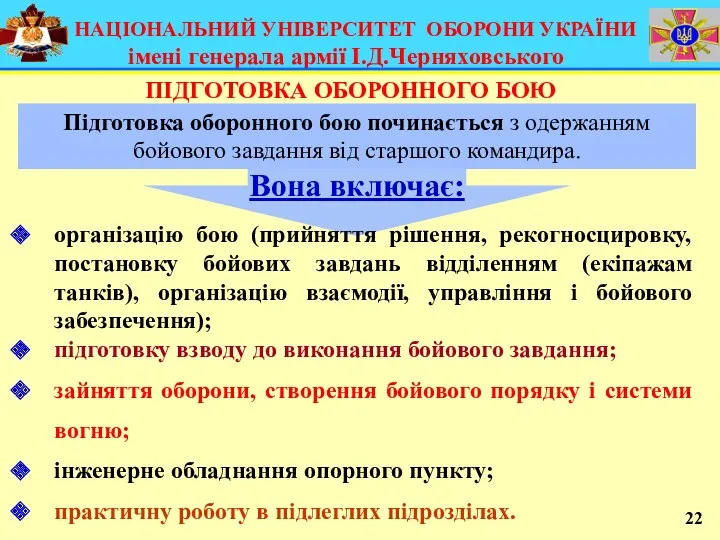 Підготовка оборонного бою починається з одержанням бойового завдання від старшого