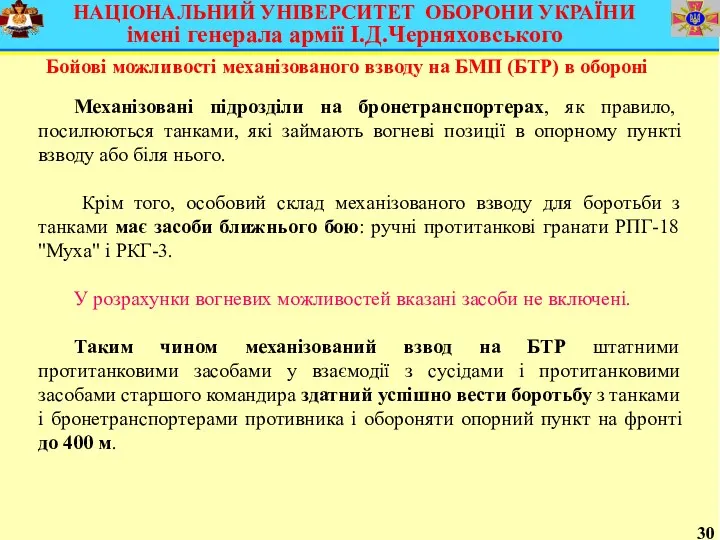 30 Бойові можливості механізованого взводу на БМП (БТР) в обороні