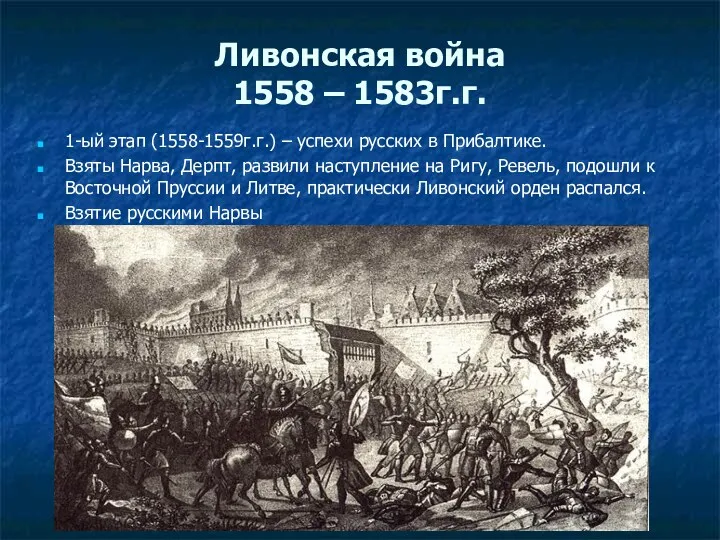 Ливонская война 1558 – 1583г.г. 1-ый этап (1558-1559г.г.) – успехи