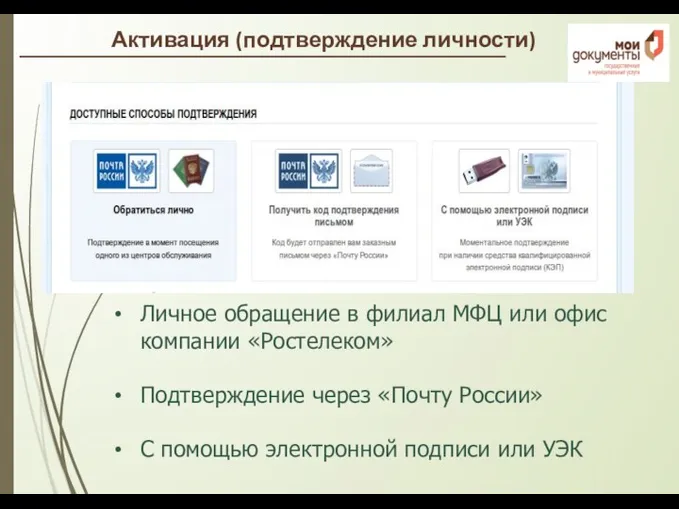 Активация (подтверждение личности) Личное обращение в филиал МФЦ или офис