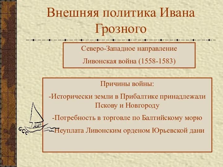 Внешняя политика Ивана Грозного Северо-Западное направление Ливонская война (1558-1583) Причины войны: -Исторически земли