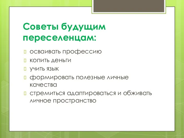 Советы будущим переселенцам: осваивать профессию копить деньги учить язык формировать