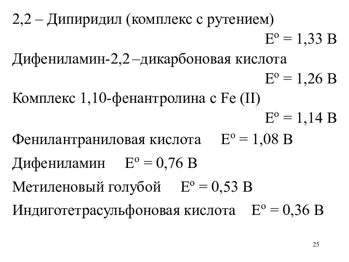 2,2 – Дипиридил (комплекс с рутением) Ео = 1,33 В