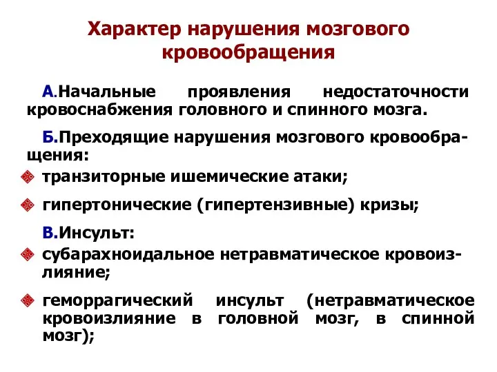 Характер нарушения мозгового кровообращения А.Начальные проявления недостаточности кровоснабжения головного и