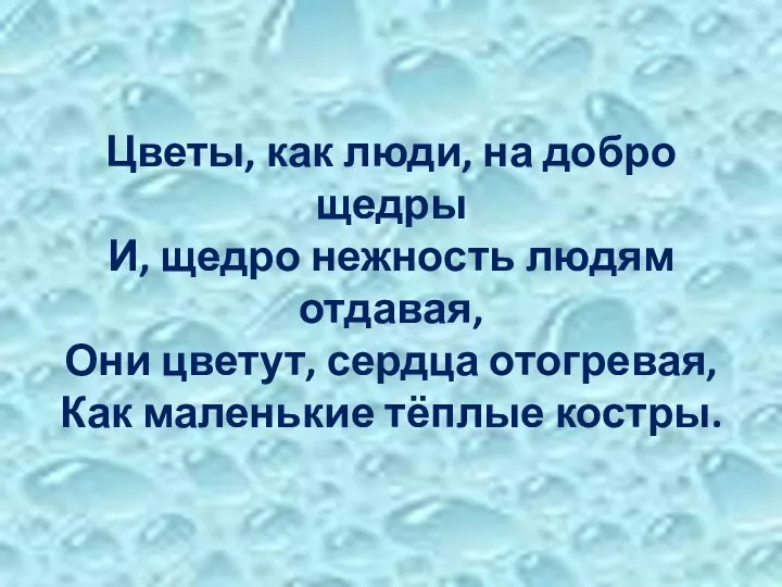 Цветы, как люди, на добро щедры И, щедро нежность людям отдавая, Они цветут,