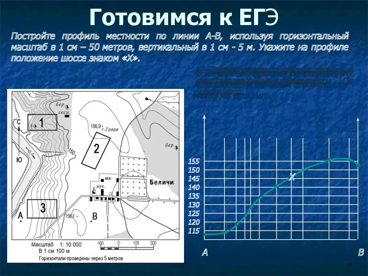 Готовимся к ЕГЭ Постройте профиль местности по линии А-В, используя