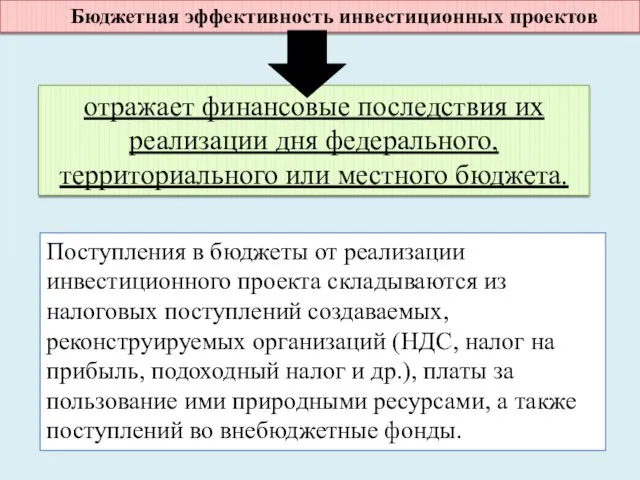 Бюджетная эффективность инвестиционных проектов отражает финансовые последствия их реализации дня