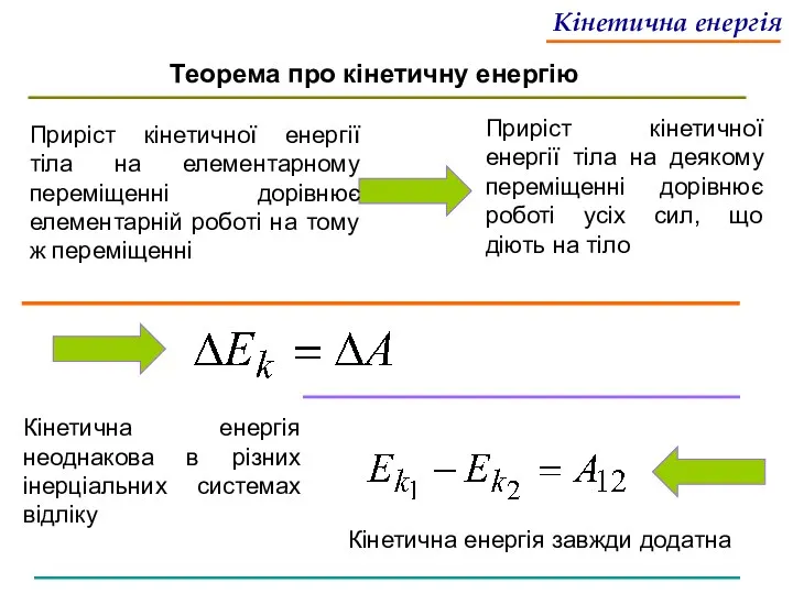 Кінетична енергія Теорема про кінетичну енергію Приріст кінетичної енергії тіла
