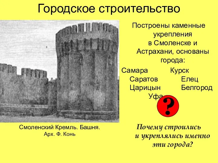 Городское строительство Построены каменные укрепления в Смоленске и Астрахани, основаны