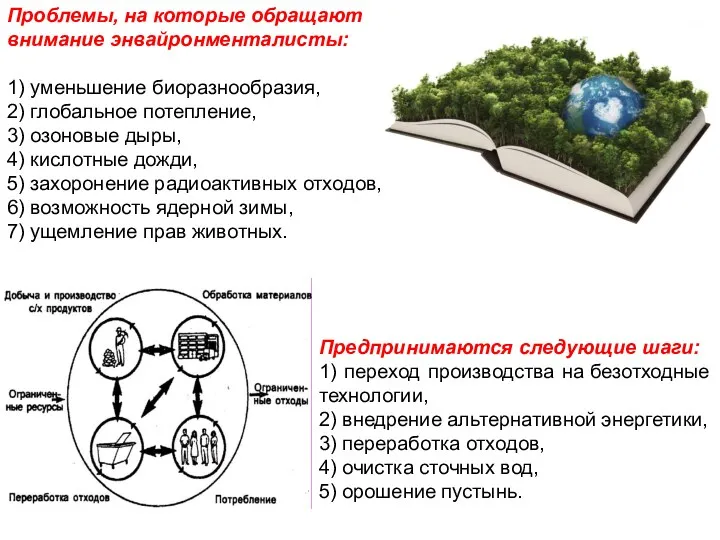 Проблемы, на которые обращают внимание энвайронменталисты: 1) уменьшение биоразнообразия, 2)