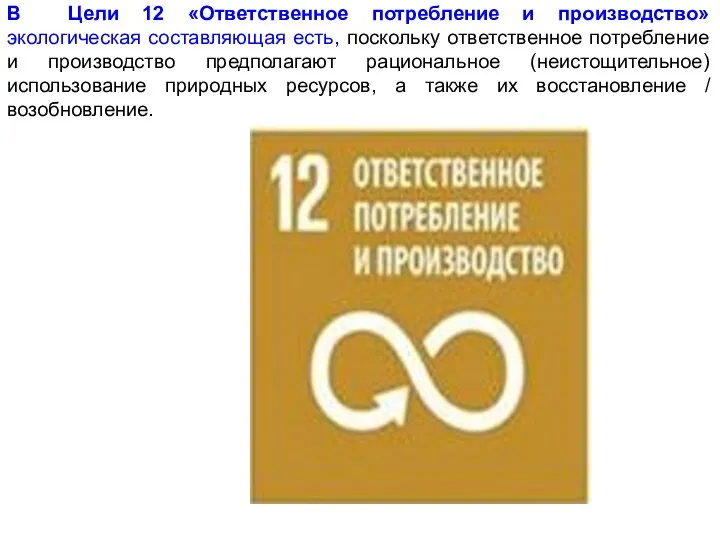 В Цели 12 «Ответственное потребление и производство» экологическая составляющая есть,