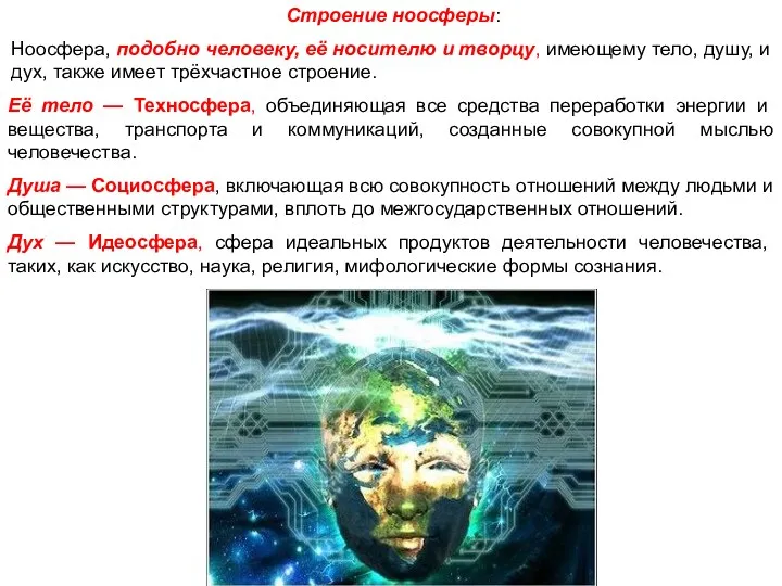 Строение ноосферы: Ноосфера, подобно человеку, её носителю и творцу, имеющему