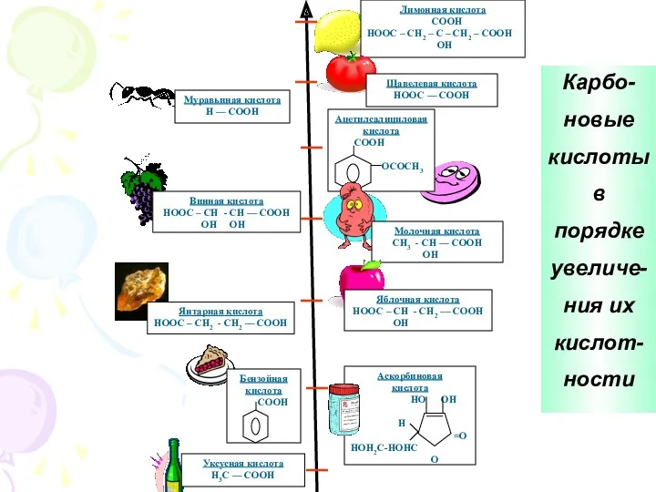 Карбо- новые кислоты в порядке увеличе- ния их кислот- ности