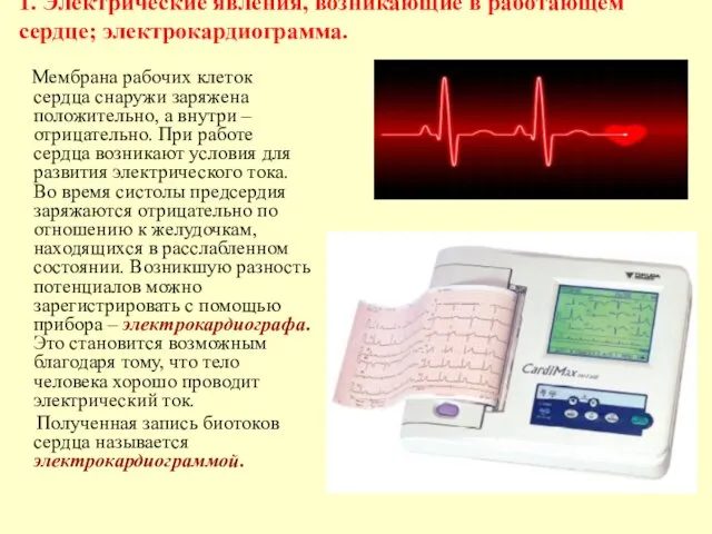 1. Электрические явления, возникающие в работающем сердце; электрокардиограмма. Мембрана рабочих
