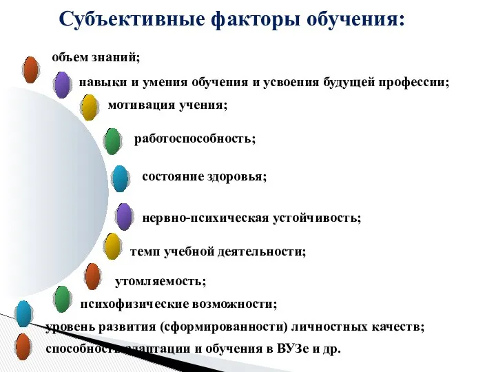 Субъективные факторы обучения: