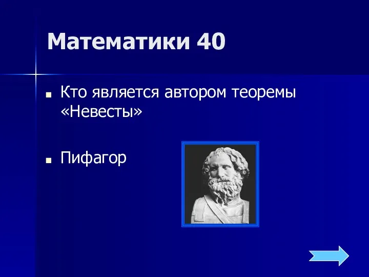 Математики 40 Кто является автором теоремы «Невесты» Пифагор