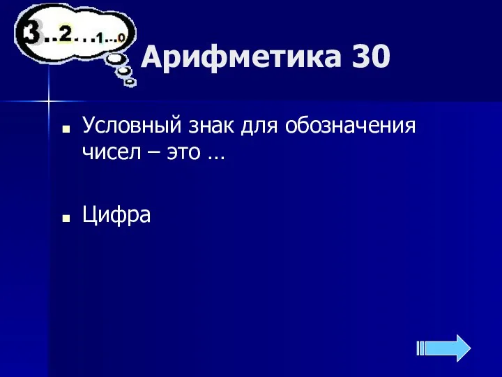 Арифметика 30 Условный знак для обозначения чисел – это … Цифра