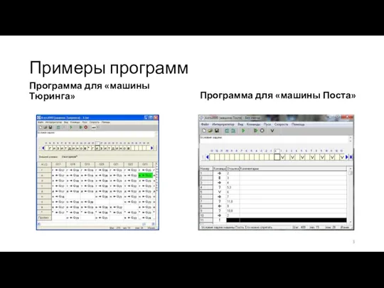 Примеры программ Программа для «машины Тюринга» Программа для «машины Поста»