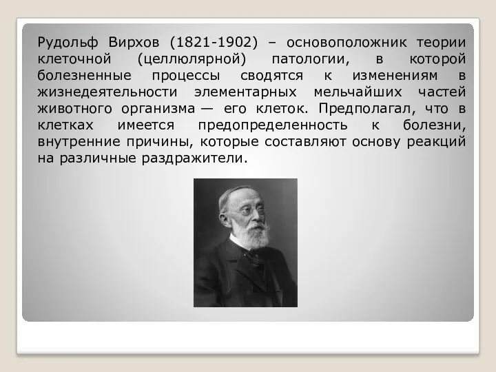 Рудольф Вирхов (1821-1902) – основоположник теории клеточной (целлюлярной) патологии, в