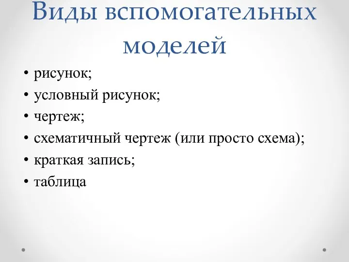 Виды вспомогательных моделей рисунок; условный рисунок; чертеж; схематичный чертеж (или просто схема); краткая запись; таблица