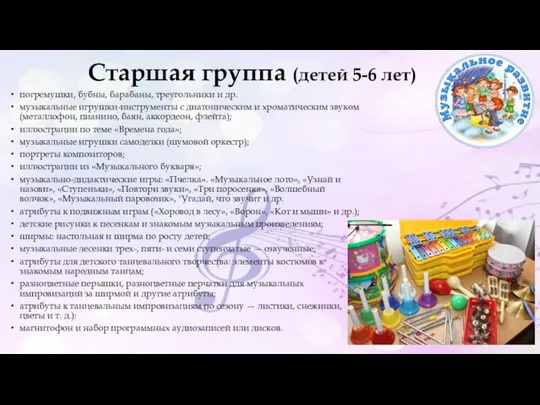 Старшая группа (детей 5-6 лет) погремушки, бубны, барабаны, треугольники и