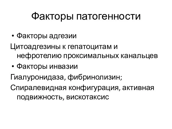 Факторы патогенности Факторы адгезии Цитоадгезины к гепатоцитам и нефротелию проксимальных