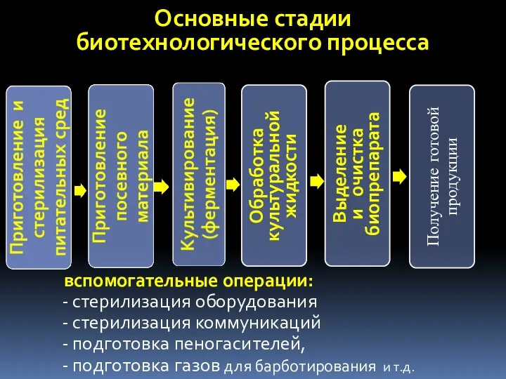 Основные стадии биотехнологического процесса Получение готовой продукции вспомогательные операции: стерилизация