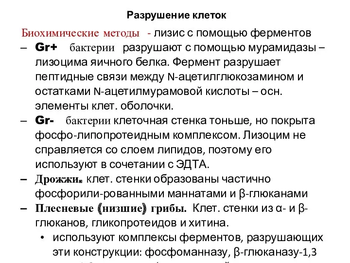 Разрушение клеток Биохимические методы - лизис с помощью ферментов Gr+ бактерии разрушают с