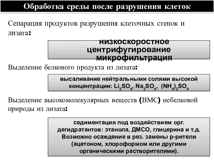 Сепарация продуктов разрушения клеточных стенок и лизата: низкоскоростное центрифугирование микрофильтрация высаливание нейтральными солями