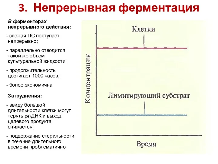 3. Непрерывная ферментация В ферментерах непрерывного действия: свежая ПС поступает