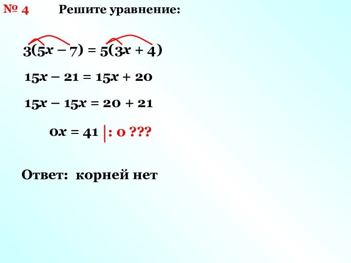№ 4 Решите уравнение: 3(5х – 7) = 5(3х + 4) 15х –